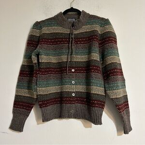 Vintage Lands' End Shetland Wool Striped Cardigan Sweater Indie Grunge Grandpa